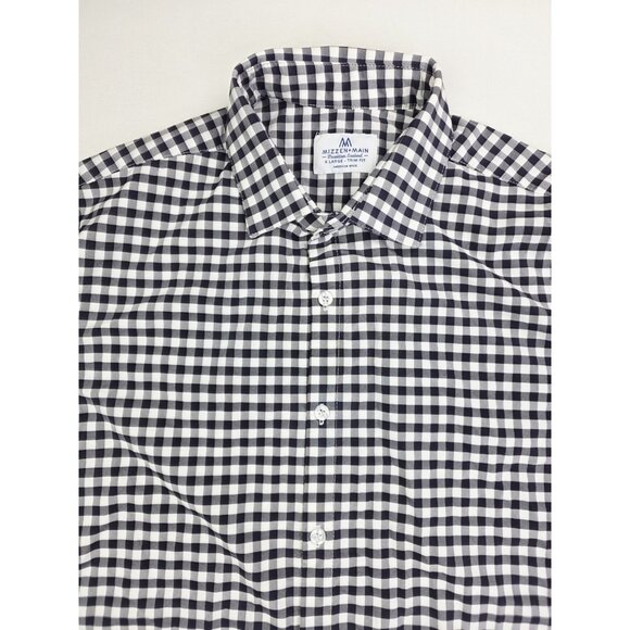 Mizzen Main Sz XL Trim Fit Mens Black White Check Spread Collar Polyester Shirt - Picture 1 of 9